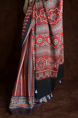 Red & Blue Modal Silk Ajrakh Saree