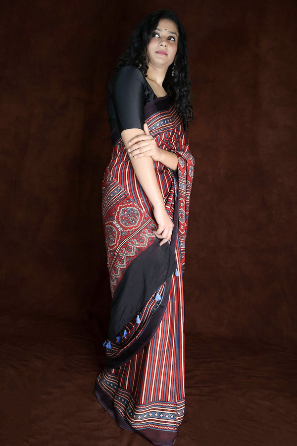 Red & Blue Modal Silk Ajrakh Saree