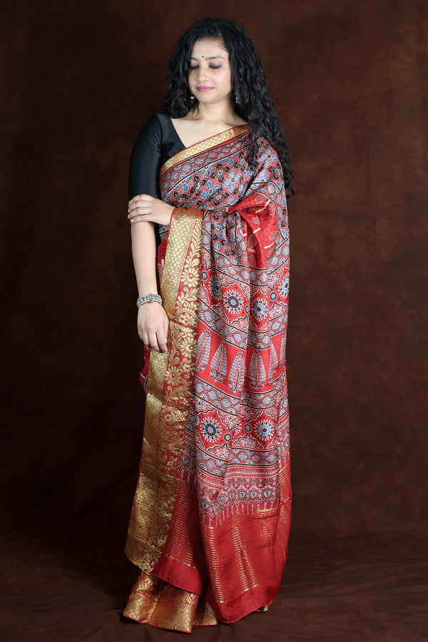 Red and Gold Dola Silk Ajrakh saree