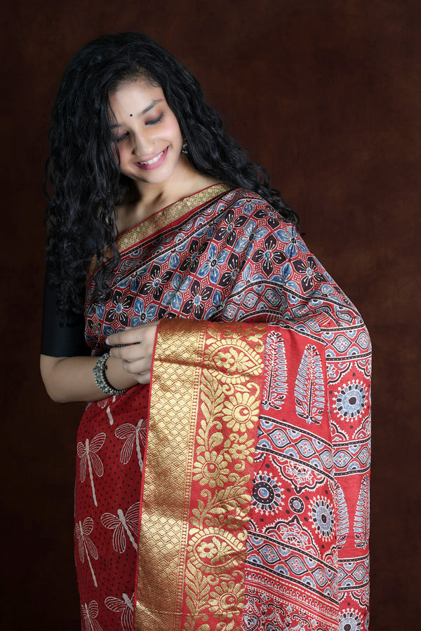 Red and Gold Dola Silk Ajrakh saree