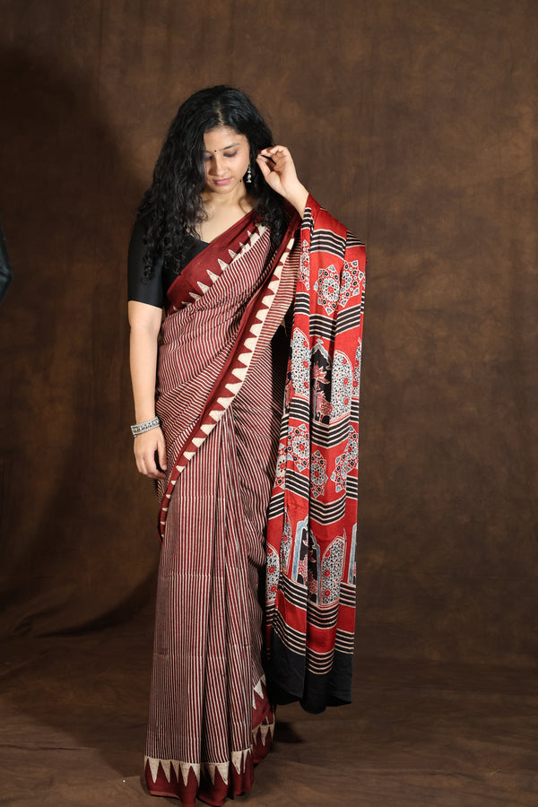 Red & Ivory Modal Silk Ajrakh Saree