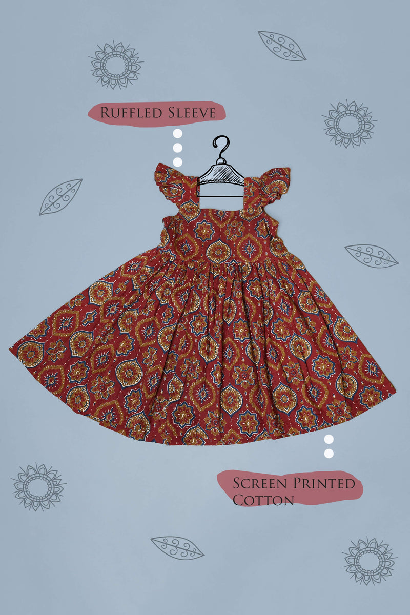 Cotton Screen Print Maroon Gathered Frock with Ruffled Sleeve