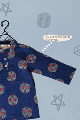 Navy Blue cotton printed Kurta & White pajama with Geometric priinted jacket