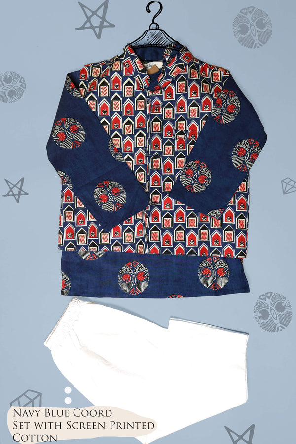 Navy Blue cotton printed Kurta & White pajama with Geometric priinted jacket
