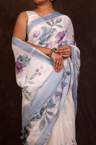 White Handloom Linen Saree