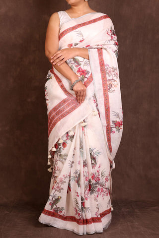 White Handloom Linen Saree Red Border