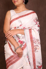 White Handloom Linen Saree Red Border