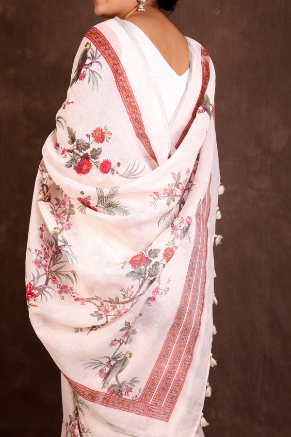 White Handloom Linen Saree Red Border