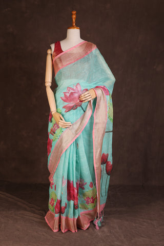 Sea Green Linen Saree With Lotus