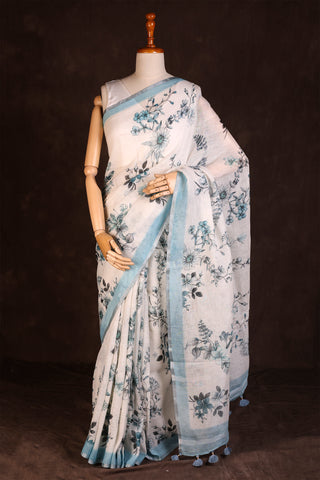 White Linen Saree With Sky Blue Border