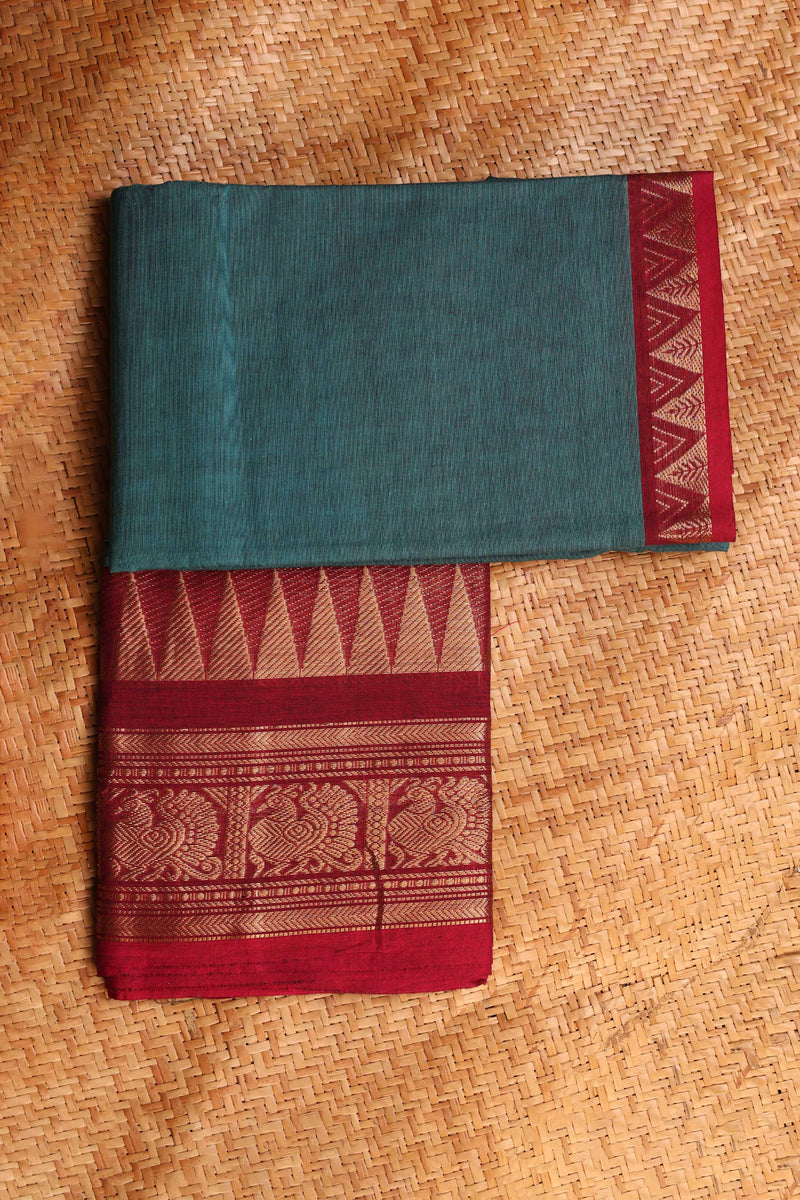 Earthy Teal Blue Chettinad Cotton saree