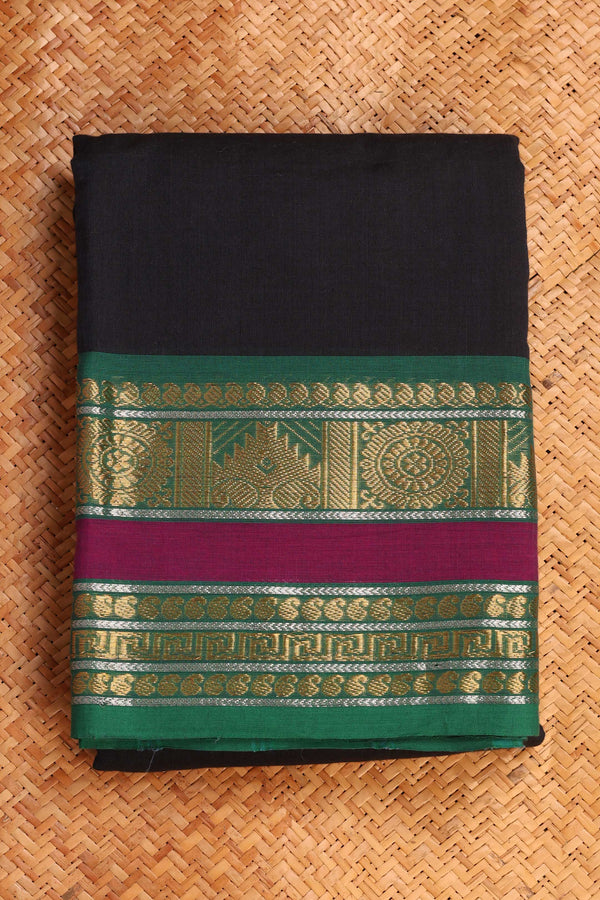 Black with Green and Pink Border Chettiinad Cotton saree