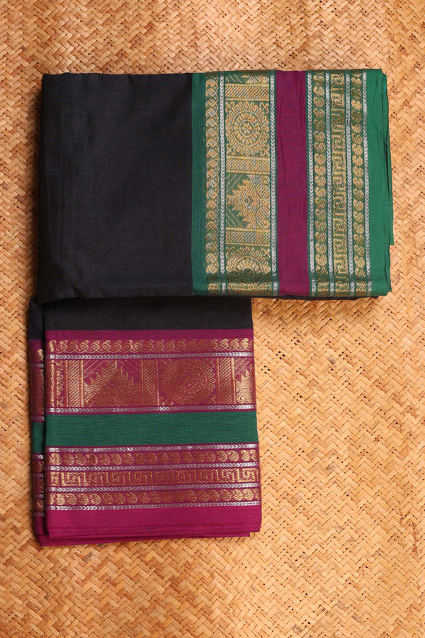 Black with Green and Pink Border Chettiinad Cotton saree