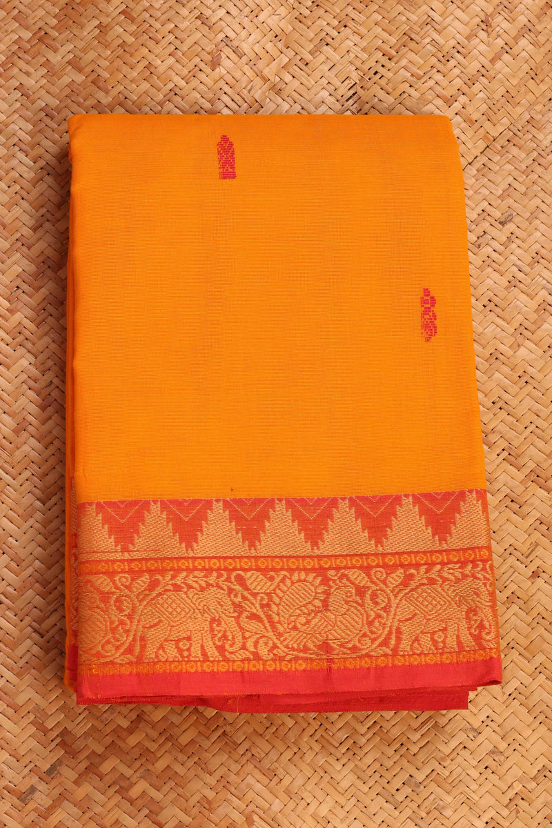 Golden Yellow and Orange Chettinad cotton saree- Top View