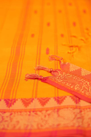 Golden Yellow and Orange Chettinad cotton saree-close-up of embroidery