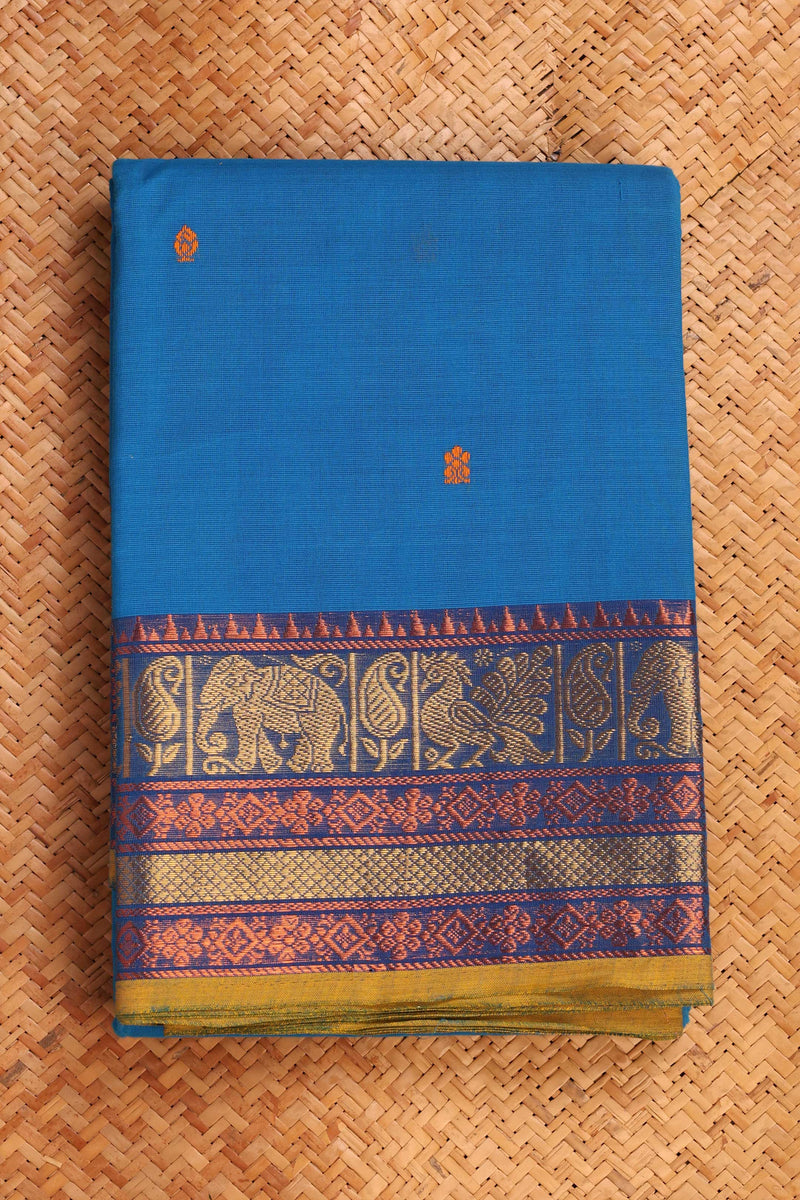 Earthy Cobalt Blue Chettinad cotton saree-Top View