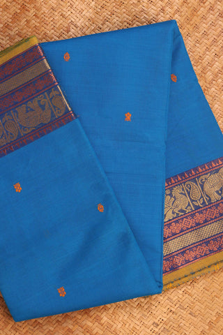 Earthy Cobalt Blue Chettinad cotton saree- Close-up