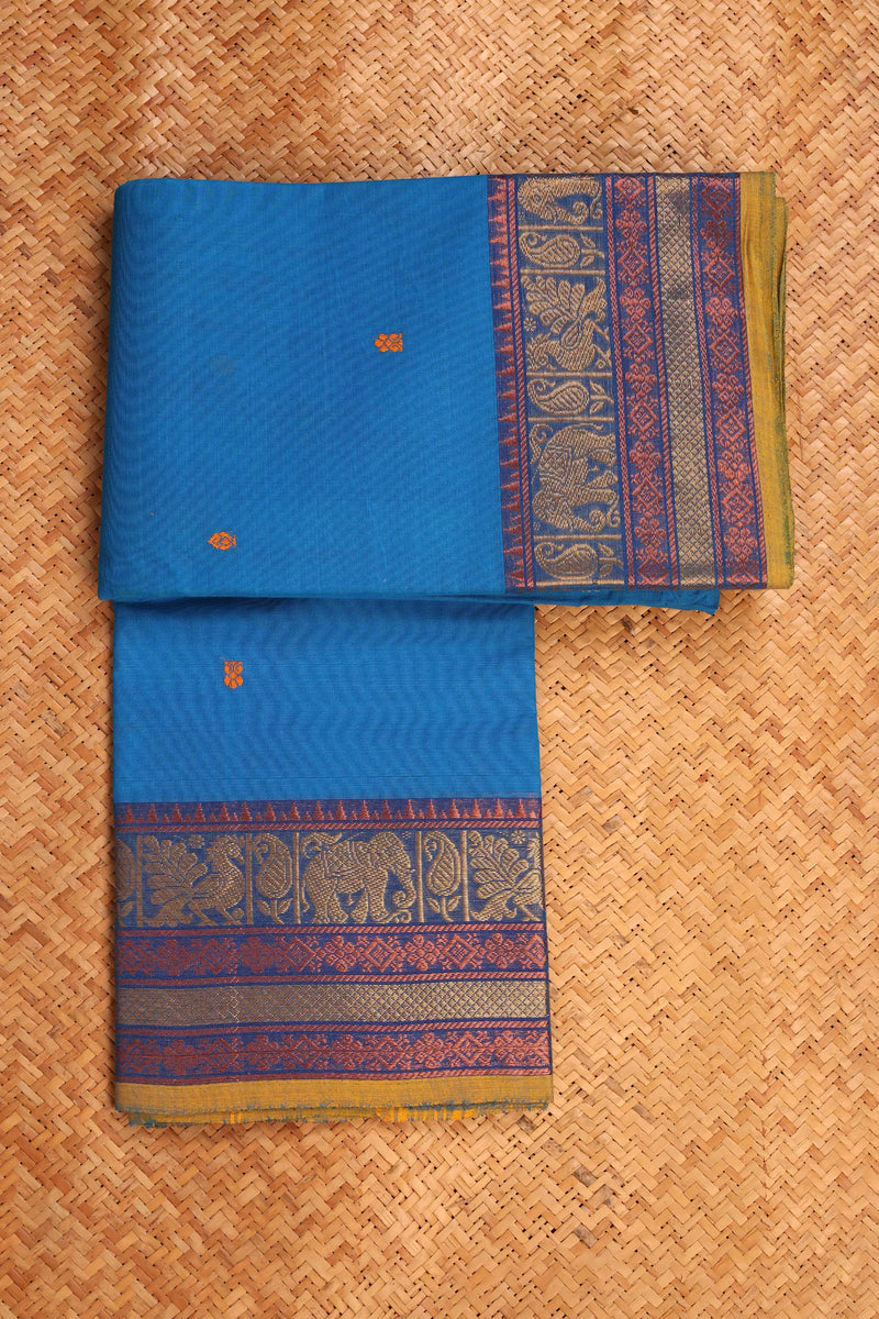 Earthy Cobalt Blue Chettinad cotton saree