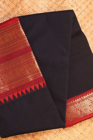 Dark Navy and Red Chettinad cotton saree- Close-up