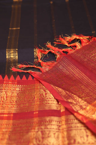 Dark Navy and Red Chettinad cotton-close-up of border saree- 