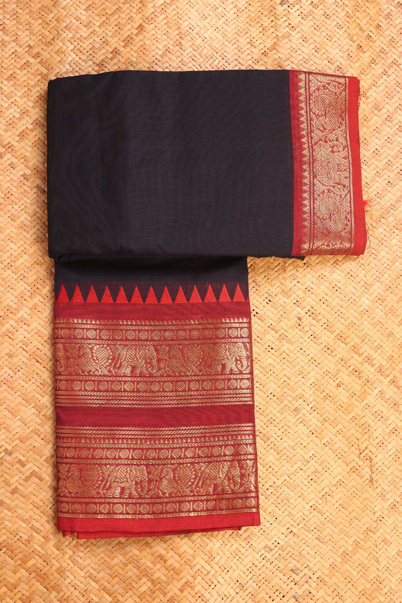 Dark Navy and Red Chettinad cotton saree