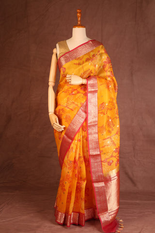 Yellow and Red Organza saree