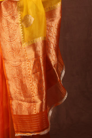 Lemon Yellow and Red Organza saree