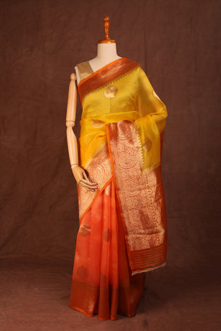 Lemon Yellow and Red Organza saree