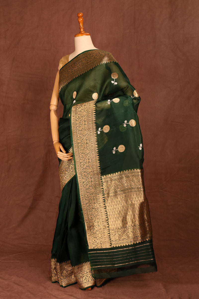 Bottle Green Organza saree