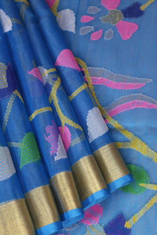 Blue Muslin Handloom Jamdani Saree