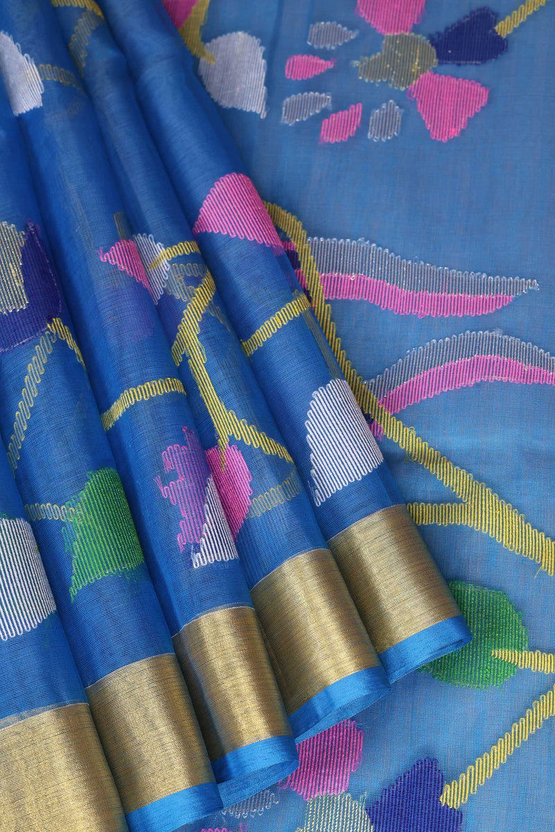 Sky- Blue Muslin Handloom Jamdani saree