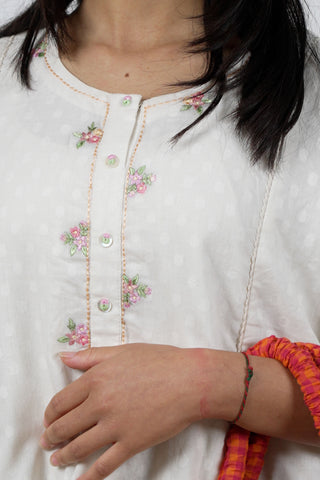 Off-White Cotton Dobby Straight Kurta with Pink and Green Floral Embroidery