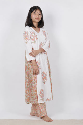Off-White Cotton Cambric A-Line Kurta with Floral Block Print and Kali Details