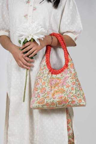 Off-White Cotton Dobby Straight Kurta with Pink and Green Floral Embroidery