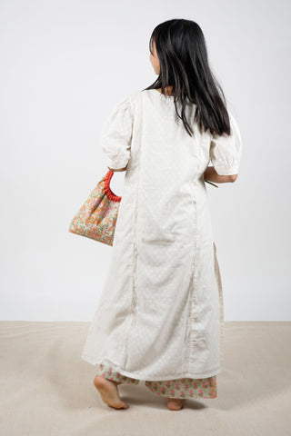 Off-White Cotton Dobby Straight Kurta with Pink and Green Floral Embroidery