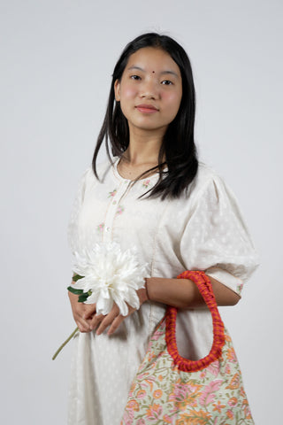 Off-White Cotton Dobby Straight Kurta with Pink and Green Floral Embroidery
