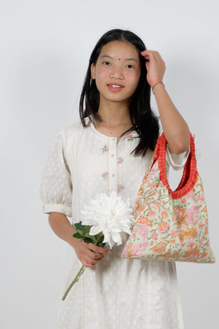 Off-White Cotton Dobby Straight Kurta with Pink and Green Floral Embroidery