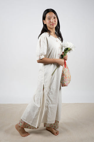 Off-White Cotton Dobby Straight Kurta with Pink and Green Floral Embroidery