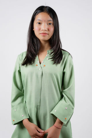 Sage Green Cotton Slub Straight Kurta Set with Floral Embroidery and Matching Pants