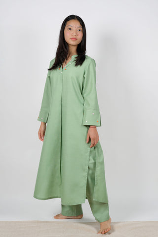 Sage Green Cotton Slub Straight Kurta Set with Floral Embroidery and Matching Pants