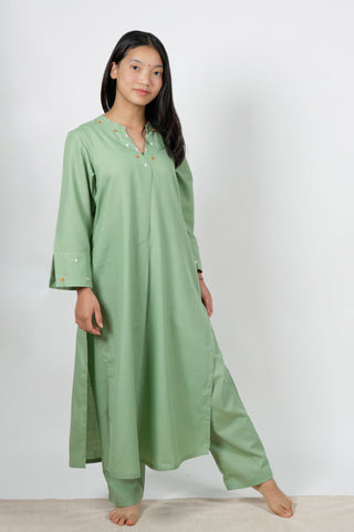 Sage Green Cotton Slub Straight Kurta Set with Floral Embroidery and Matching Pants