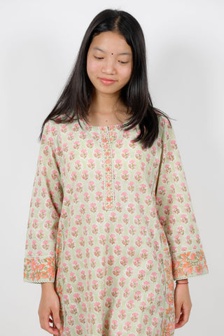 Dusty Pistachio Cambric Cotton Block Print Kurta Set with Crochet Lace and Matching Pants