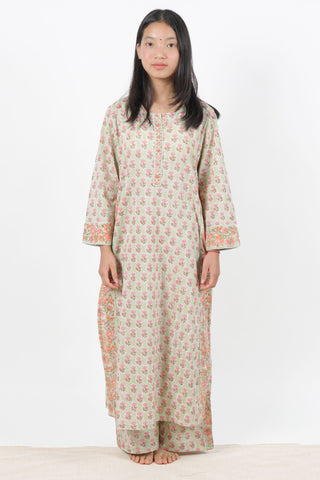 Dusty Pistachio Cambric Cotton Block Print Kurta Set with Crochet Lace and Matching Pants