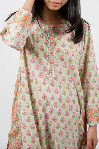 Dusty Pistachio Cambric Cotton Block Print Kurta Set with Crochet Lace and Matching Pants