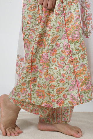 Off-White Cotton Cambric A-Line Kurta with Floral Block Print and Kali Details