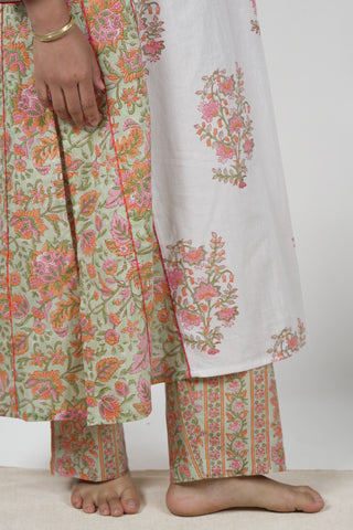 Off-White Cotton Cambric A-Line Kurta with Floral Block Print and Kali Details