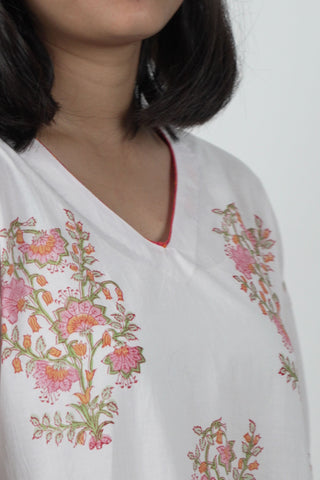 Off-White Cotton Cambric A-Line Kurta with Floral Block Print and Kali Details