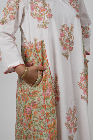 Off-White Cotton Cambric A-Line Kurta with Floral Block Print and Kali Details