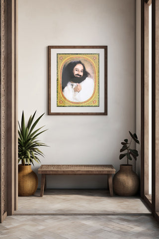 Gurudev Sri Sri Ravi Shankar Ji "Joyful Gesture" Tanjore-Style Framed Portrait