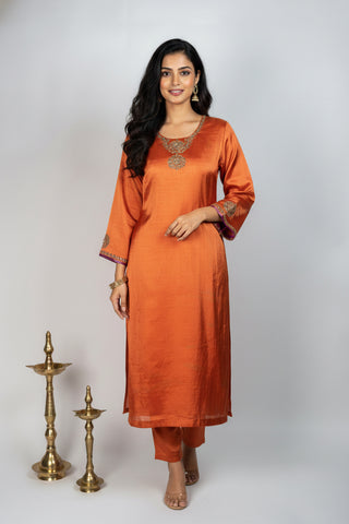 Orange Tanjore Embroidered Tissue Kurti with Pant and Shantoon Lining